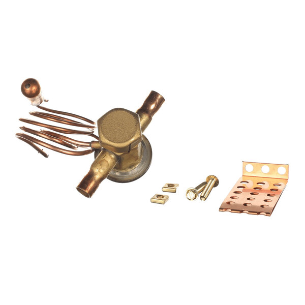 A brass and copper valve assembly with attached copper tubing, accompanied by a metal mounting bracket and small hardware pieces, all displayed on a white background.