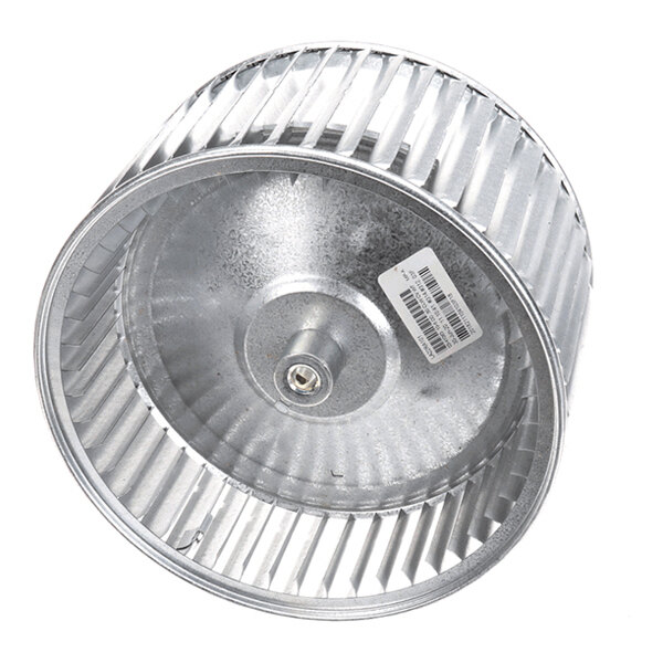 A metal cylindrical blower wheel with evenly spaced blades and a central hub, featuring a barcode sticker on the inner surface.