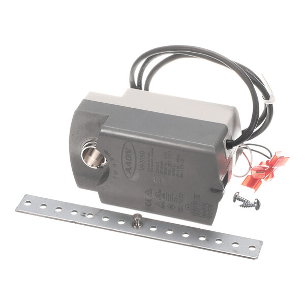 A rectangular gray and black electrical actuator with attached wires, a metal mounting bracket, screws, and wire connectors.