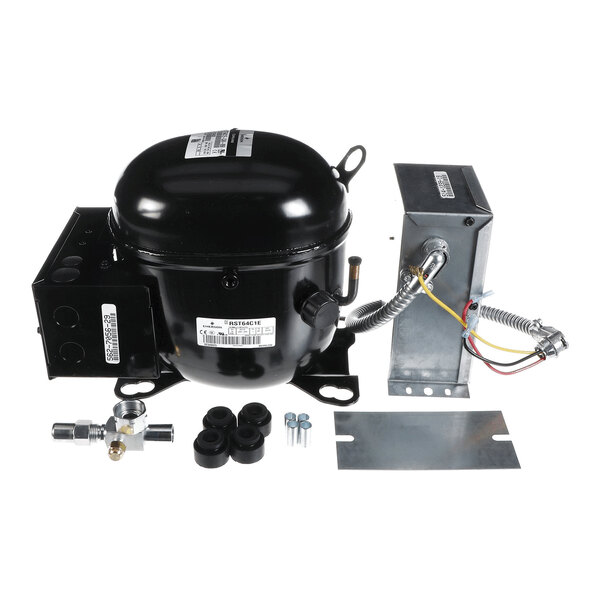 A black metal compressor unit with attached wiring, mounting hardware, and various small components arranged on a white background.