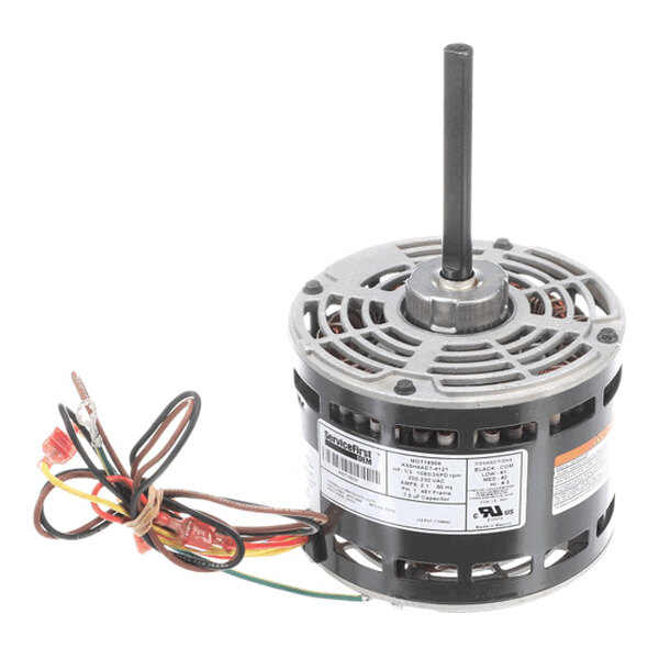 A cylindrical electric motor with a central shaft, vented metal housing, and several colored wires extending from one side.