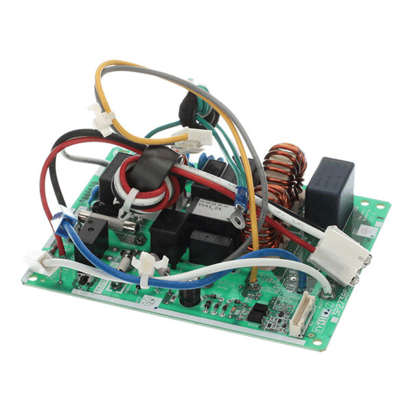 A green printed circuit board with various electronic components, wires, and connectors attached.