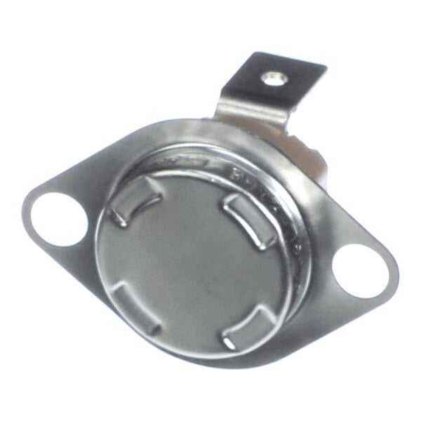 A metallic, round component with two mounting holes and a single terminal tab, likely a temperature control switch or thermostat.