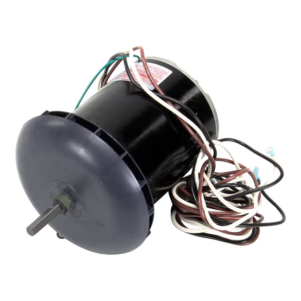 A black cylindrical electric motor with a protruding shaft and several attached wires.