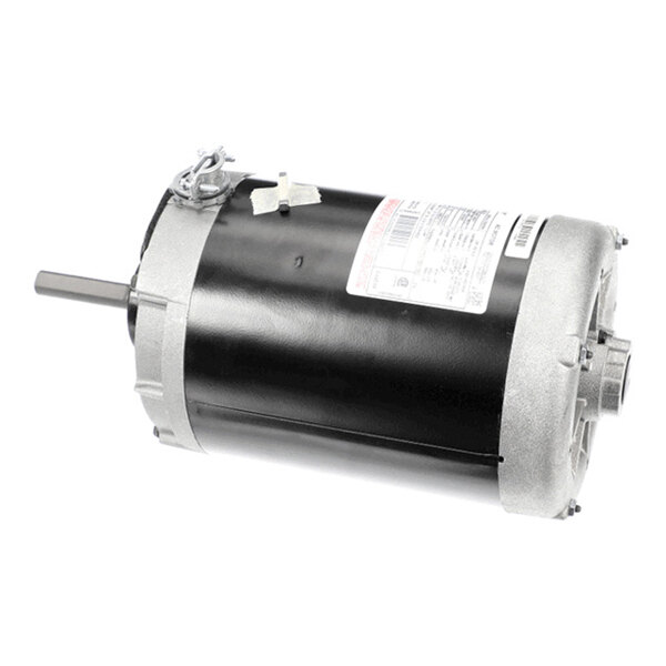 A cylindrical electric motor with a black body, metallic ends, a protruding shaft, and a label with specifications.