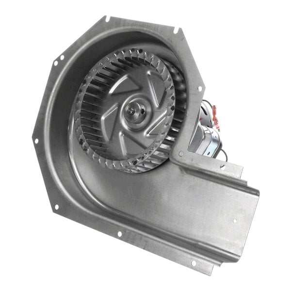 A metal blower assembly with a visible fan wheel and attached motor.
