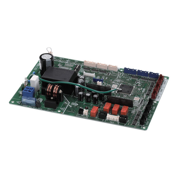 A green printed circuit board with various electronic components, connectors, and colored terminals mounted on its surface.