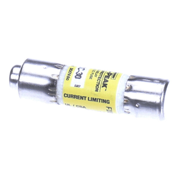 A cylindrical metal fuse with a yellow label indicating it is a current limiting fuse rated for 30 amps and 600 volts.