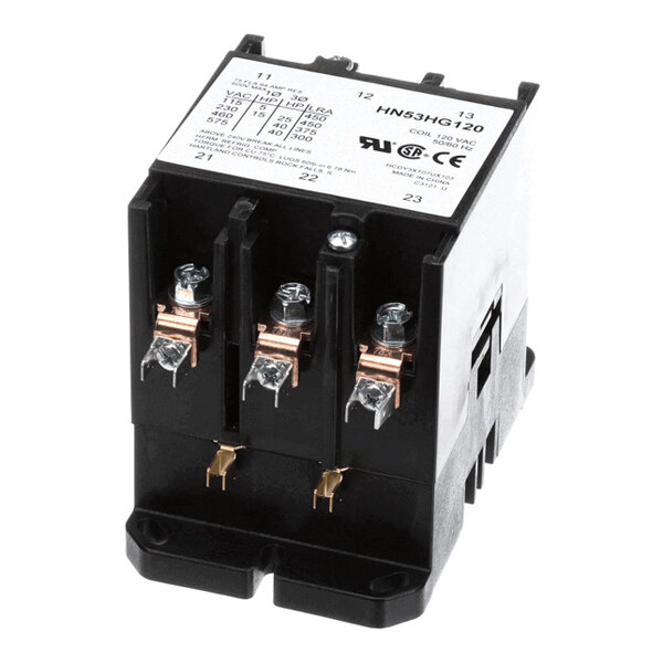 A black and silver electrical contactor with three screw terminals and labeled specifications on the top panel.
