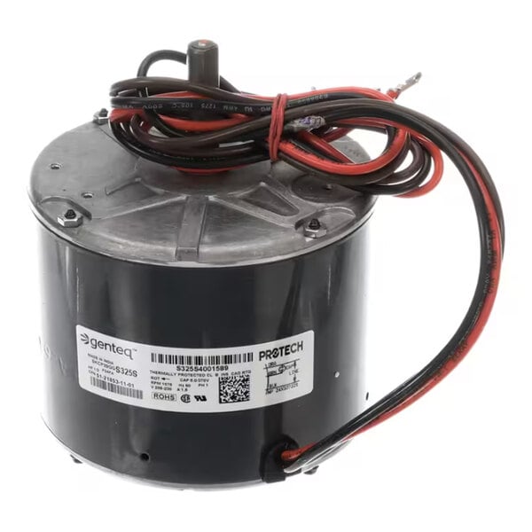A cylindrical electric motor with attached wiring and a label displaying technical specifications.