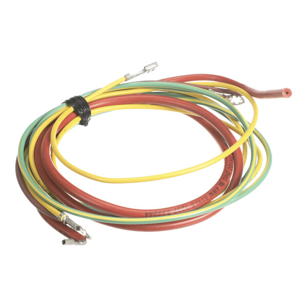 A coiled bundle of red, yellow, and green electrical wires with metal connectors on the ends.