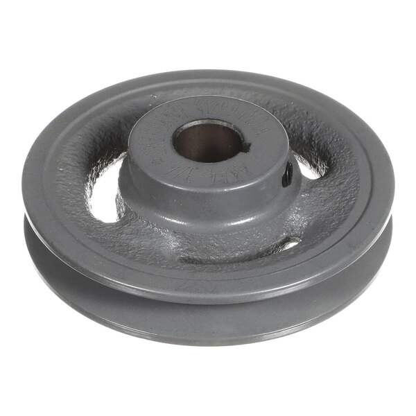 A gray metal sheave with a central bore and a single groove around its circumference.