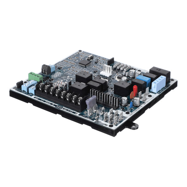 A rectangular electronic circuit board with various components including relays, connectors, capacitors, and heat sinks mounted on its surface.