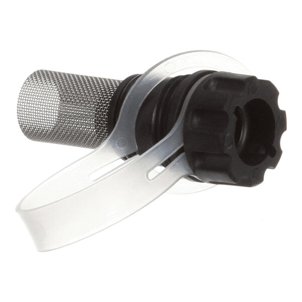 A cylindrical metal mesh filter attached to a black plastic cap with a clear flexible strap.