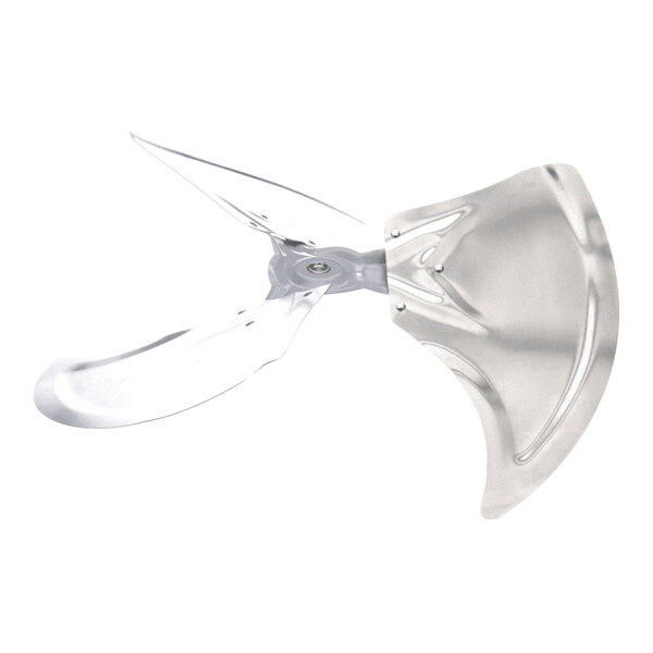 A metallic, three-blade propeller fan with a curved design and a central mounting hole.
