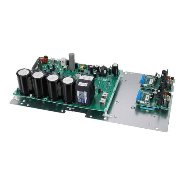 A green printed circuit board assembly with multiple large black capacitors, various electronic components, and mounted on a metal plate.