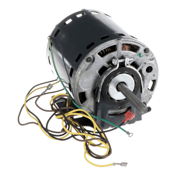 A cylindrical electric motor with a black housing, exposed wiring, and a protruding metal shaft.
