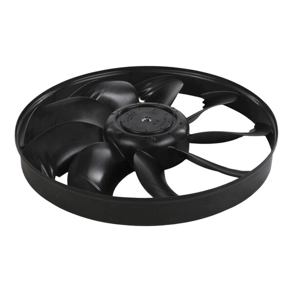 A black circular fan rotor with multiple curved blades and a central hub, viewed from an angle.