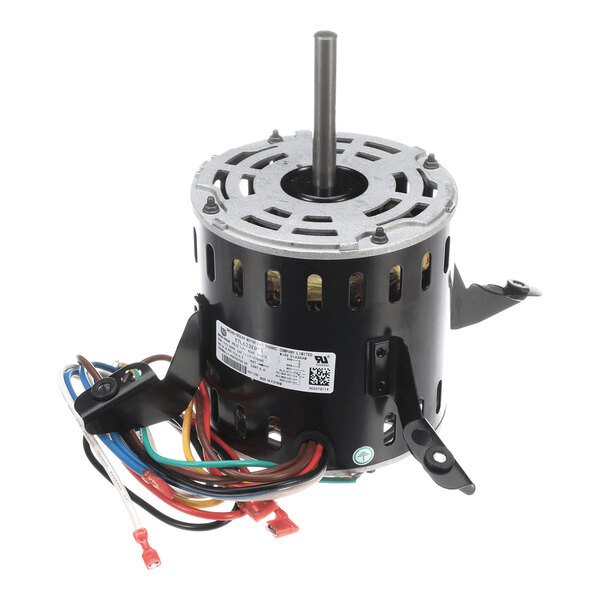 A cylindrical electric motor with a central shaft, mounting brackets, and several colored wires extending from its base.