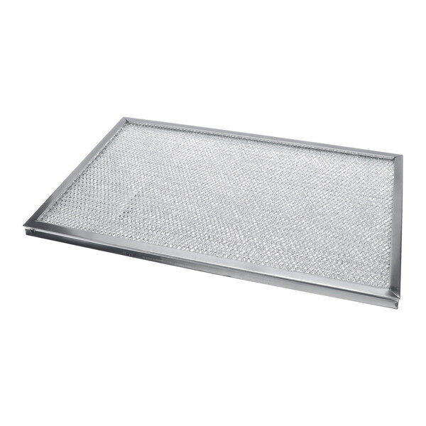 A rectangular metal mesh filter with a silver frame, shown lying flat on a white background.