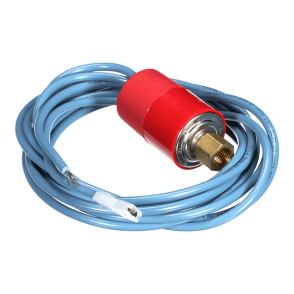 A coiled blue wire attached to a red cylindrical component with a brass fitting and exposed wire ends.