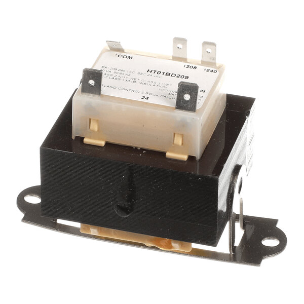 A rectangular electrical transformer with a black base, metal mounting brackets, and multiple metal terminals on top.