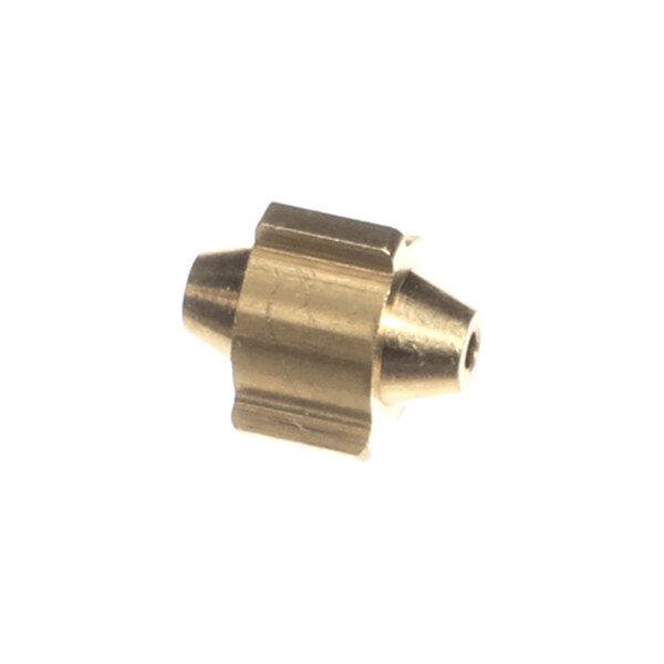 A small, metallic, cylindrical component with a hexagonal center and conical ends, featuring a small hole through one end.
