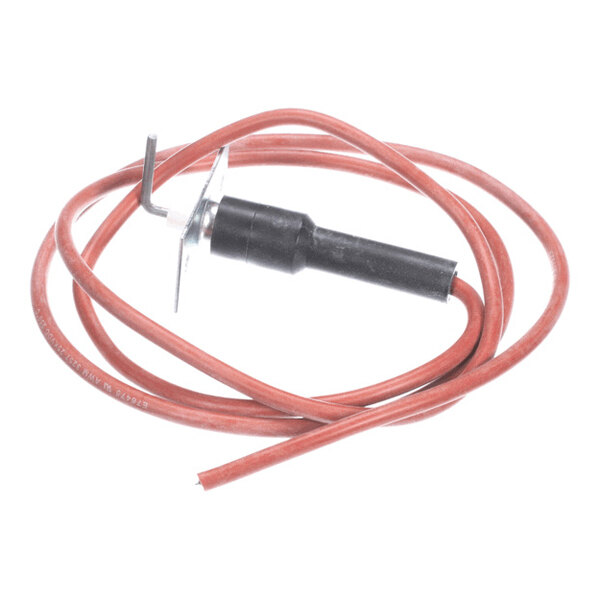 A black cylindrical component with an attached metal bracket and a long red wire coiled around it.