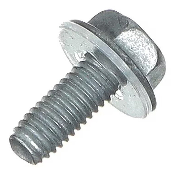 A close-up view of a metallic hex head screw with a built-in washer and threaded shaft.