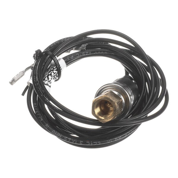 A coiled black wire attached to a metal pressure switch with a brass fitting.