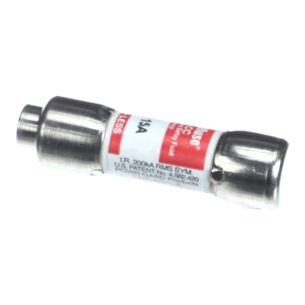 A cylindrical fuse with metal end caps and a white and red label indicating specifications.