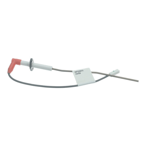 A thin metal rod with a red insulated connector on one end, a mounting flange, and attached wires with a white label and connector.