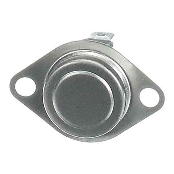 A metallic, circular component with two mounting holes on either side and a single electrical terminal at the top.