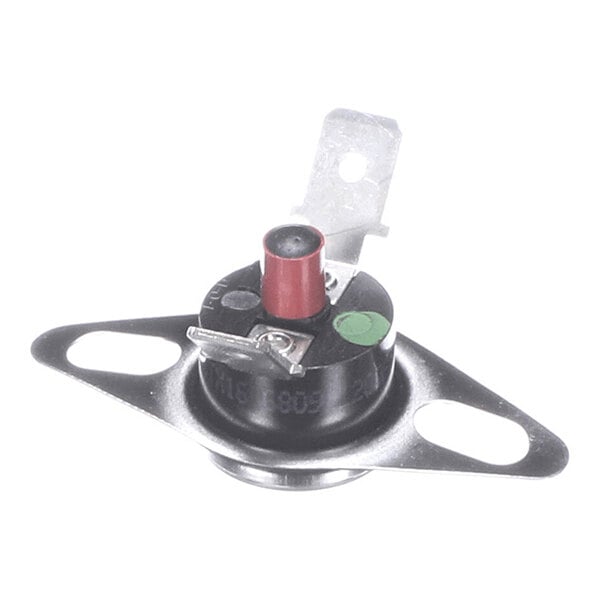 A small round electronic component with a metal mounting bracket, two terminals, and a red button on top.