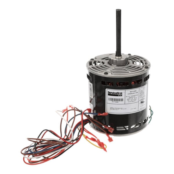 A cylindrical electric motor with a central shaft, multiple colored wires extending from the base, and a label on the side.