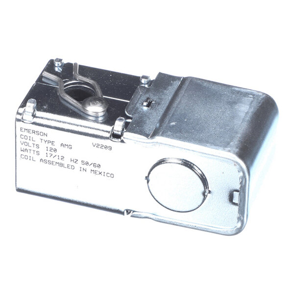 A metallic rectangular electrical component with a circular knockout and printed specifications on its side.