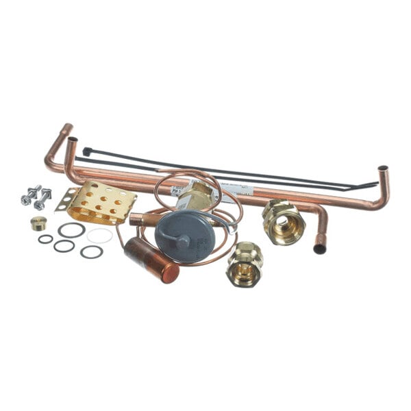 A collection of various metal pipes, fittings, washers, screws, and a valve assembly arranged on a white background.