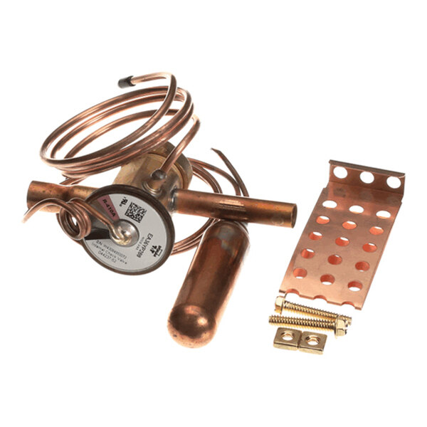 A copper valve assembly with coiled tubing and a perforated metal mounting bracket.
