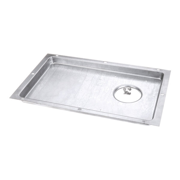 A rectangular metal tray with a circular opening and several screws placed inside the opening.