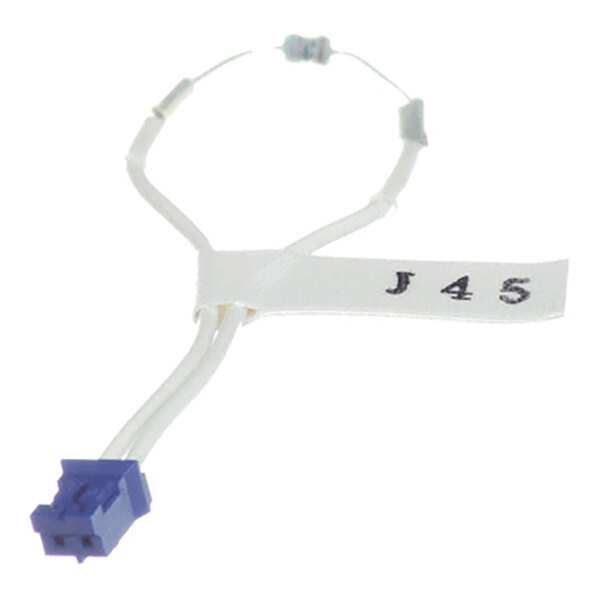 A small electronic adaptor with a blue connector, white wires, a resistor, and a label marked 'J45'.