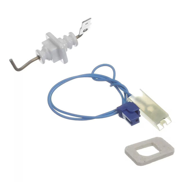 A set of small electronic components including a blue wire with a connector, a white plastic and metal piece, and a rectangular foam gasket.