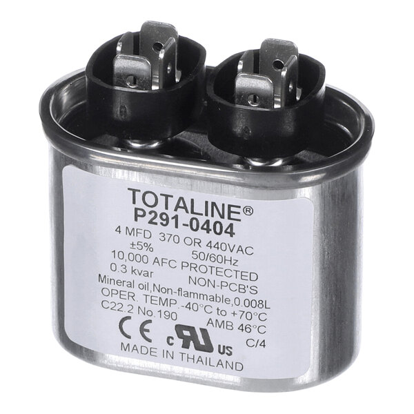A metallic oval-shaped electrical capacitor with two black terminal connectors and a white label displaying technical specifications.