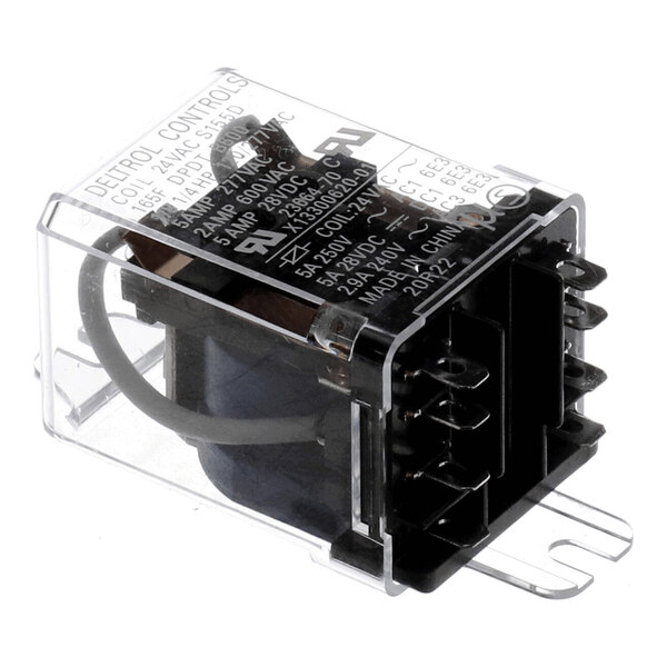 A clear plastic-encased electrical relay with visible coil and terminal connections.