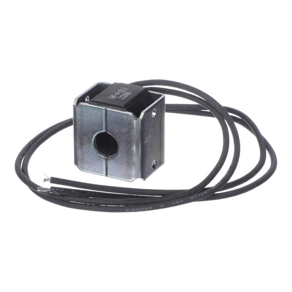 A metal solenoid coil with a central hole and two attached black wires.