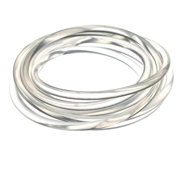 A coiled, translucent, flexible tube or belt is shown against a white background.