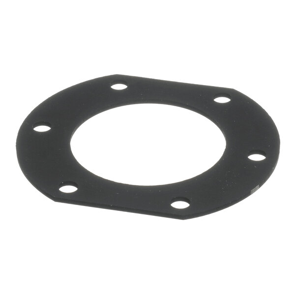 A flat, black, circular gasket with a large central hole and six evenly spaced smaller holes around the perimeter.