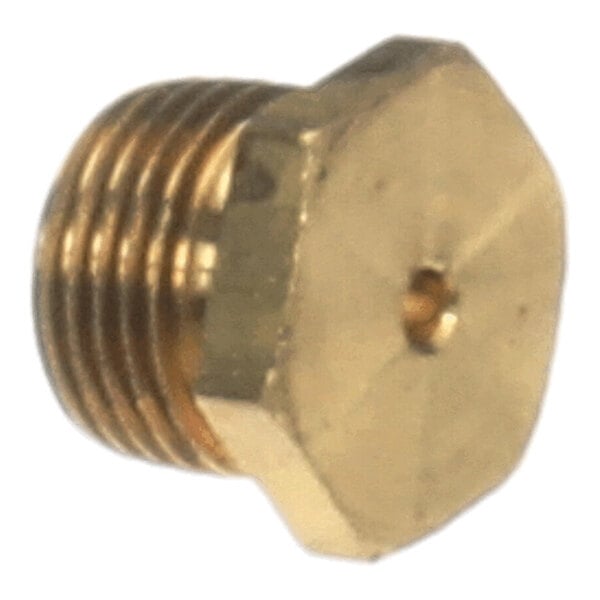 A brass hexagonal threaded orifice with a small central hole.