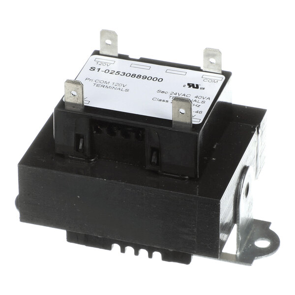 A black and silver electrical transformer with four metal terminals and a white label displaying technical specifications.