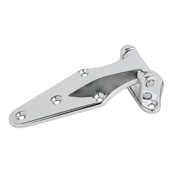 A chrome steel Kason surface mount door hinge with screws.