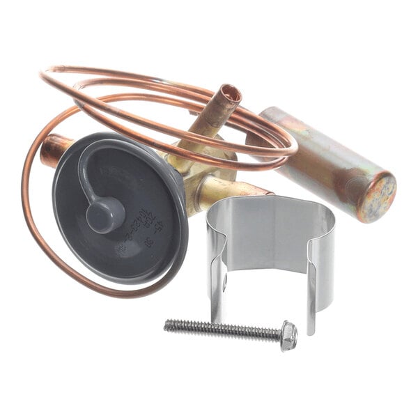 A brass and copper valve assembly with a coiled copper tube, a black plastic cap, a metal clamp, and a screw.